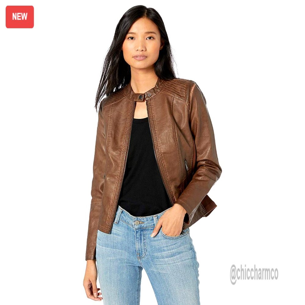 Faux Leather Moto Jacket With Front Zip Pockets